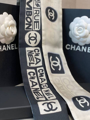 Twilly silk black white CC logo scarf AAA372 - CHANEL - BALAAN 1