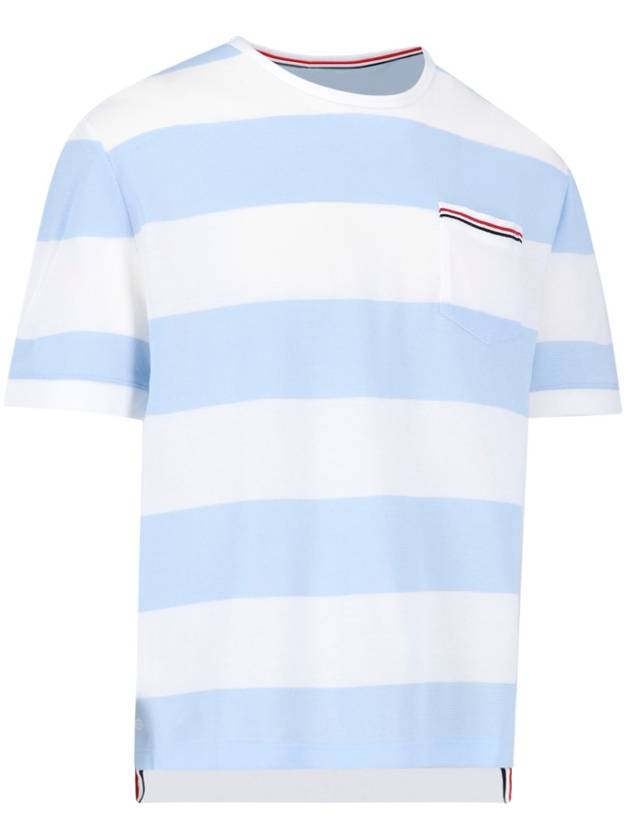 Men's Rugby Striped Pick Pocket Short Sleeve T-Shirt Light Blue White - THOM BROWNE - BALAAN 3