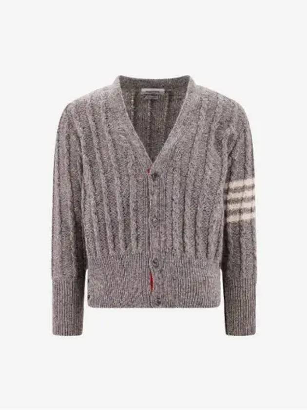 Donegal Twist Cable 4 Bar Classic V Neck Cardigan Light Grey - THOM BROWNE - BALAAN 3