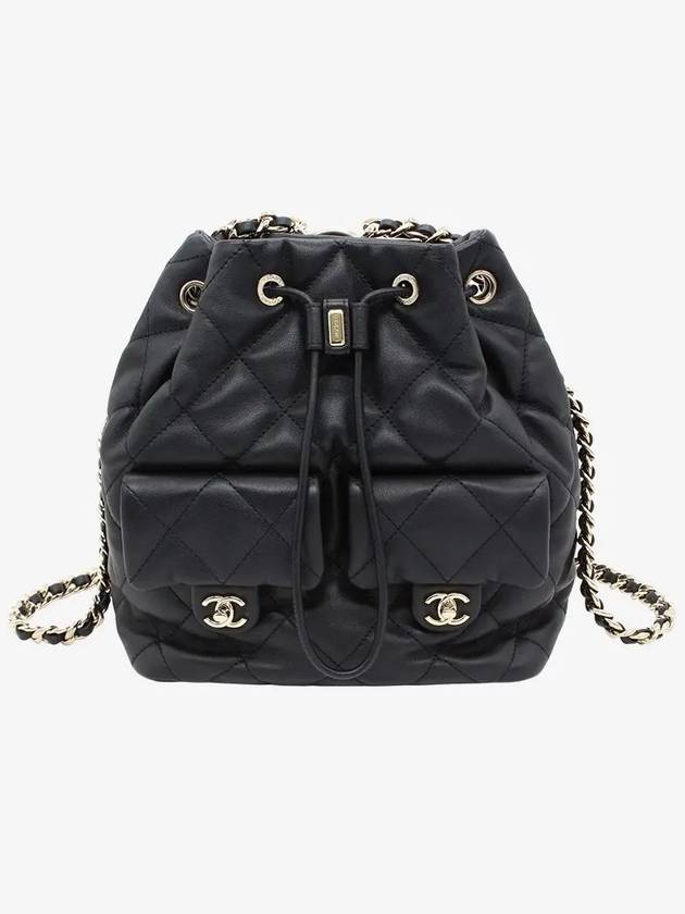 Two-Pocket Drawstring Bucket Backpack Calfskin Gold Metal Black - CHANEL - BALAAN 3