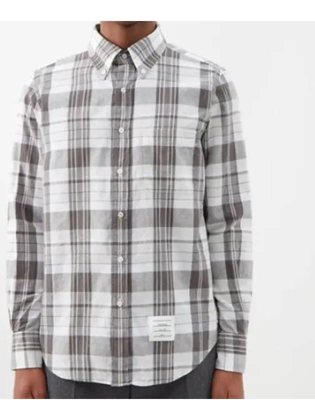 Men's Madras Straight Fit Cotton Long Sleeve Shirt Medium Grey - THOM BROWNE - BALAAN 2