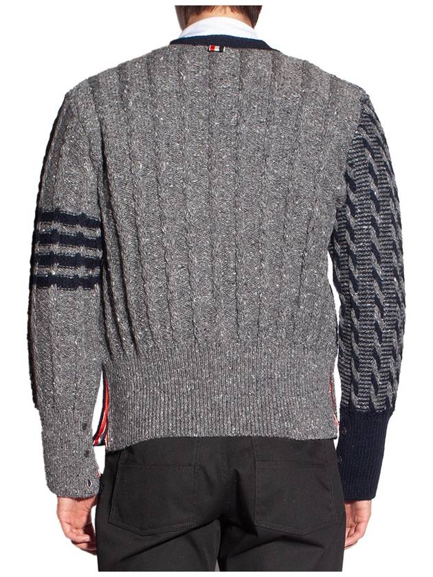 Funmix Donnyroll Cable 4 Bar V-Neck Cardigan Medium Grey - THOM BROWNE - BALAAN 6