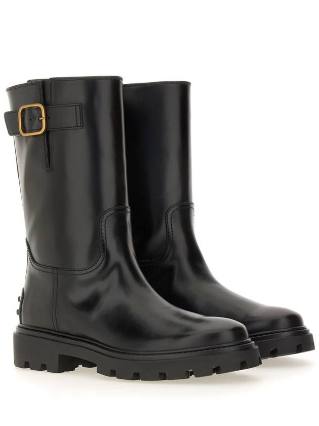 Women's Buckle Detail Leather Middle Boots Black - TOD'S - BALAAN 4