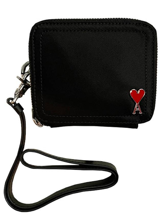 heart logo strap zipper bi-fold wallet black - AMI - BALAAN.