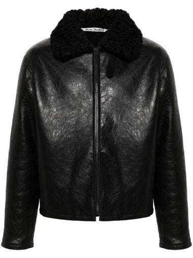 Shearling Collar Leather Jacket Black - ACNE STUDIOS - BALAAN 1