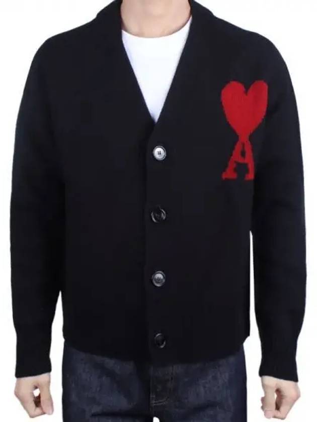 Heart Logo V Neck Wool Cardigan Black - AMI - BALAAN 2