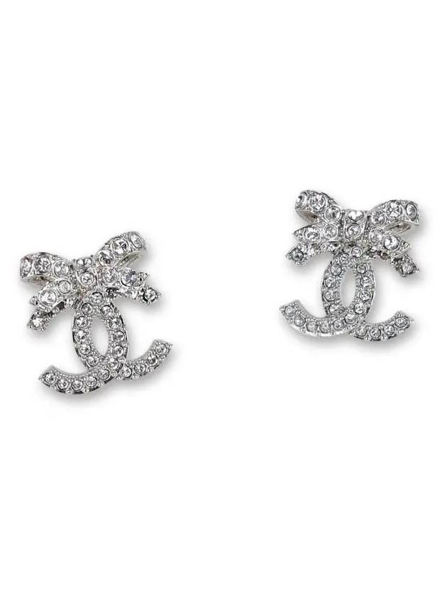 CC Logo Ribbon Metal Diamantes Crystal Earrings Silver - CHANEL - BALAAN 2