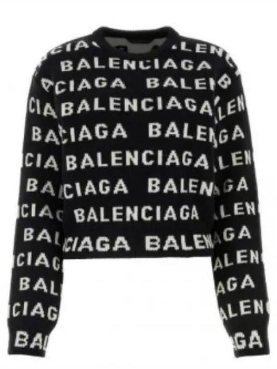 Intarsia All-Over Logo Crew Neck Knit Top Black - BALENCIAGA - BALAAN 2