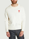 Small Heart Crewneck Cotton Wool Blend Knit Top Natural White - AMI - BALAAN 6