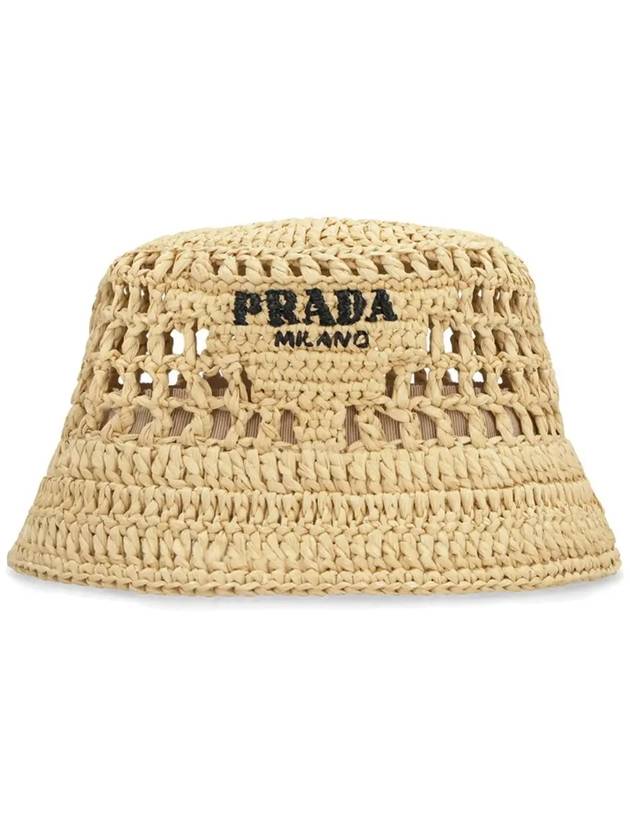 Embroidered Logo Raffia Bucket Hat Natural - PRADA - BALAAN 3