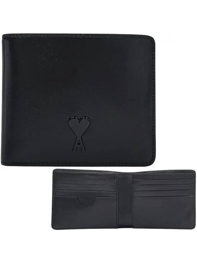 Heart Logo Bi Fold Leather Half Wallet Black - AMI - BALAAN 2