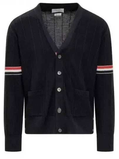 RWB V-neck Striped Virgin Wool Cardigan Navy - THOM BROWNE - BALAAN 2