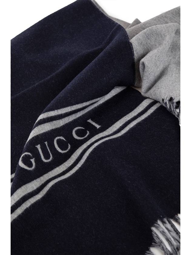 Striped Logo Wool Cashmere Scarf Navy - GUCCI - BALAAN 3