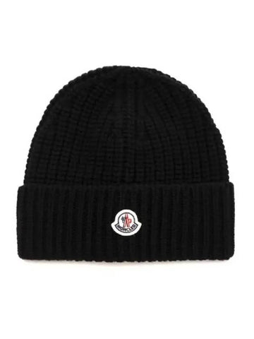 Logo Patch Wool Beanie Black - MONCLER - BALAAN 1