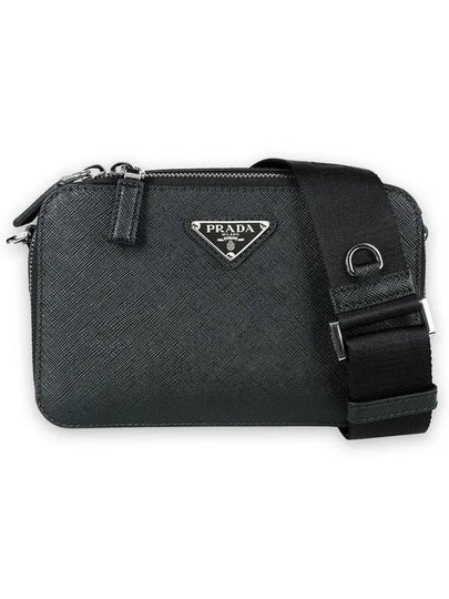 Brick Re-Nylon Saffiano Leather Triangular Logo Cross Bag Black - PRADA - BALAAN 2