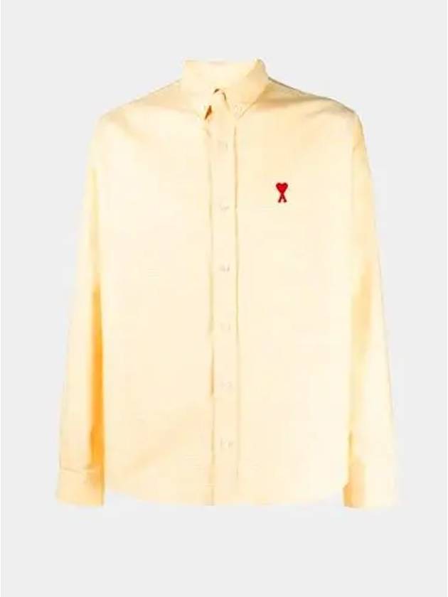 Men's Small A Heart Button Down Long Sleeve Shirt Pale Yellow - AMI - BALAAN 2