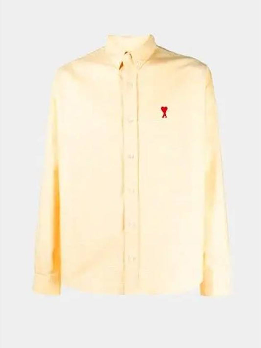 Men's Small A Heart Button Down Long Sleeve Shirt Pale Yellow - AMI - BALAAN.