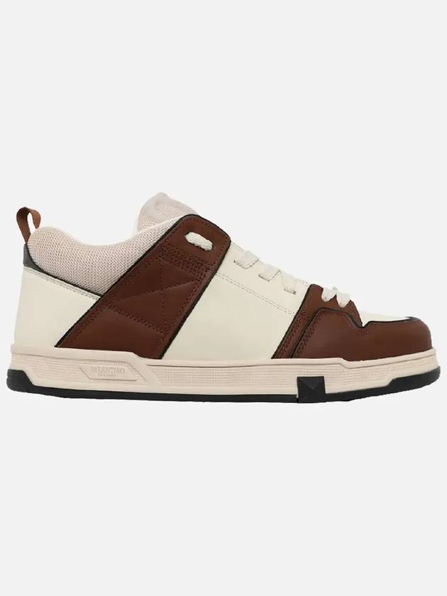 Open Skate Leather Fabric Low Top Sneakers Ivory Chocolate Brown - VALENTINO - BALAAN 3