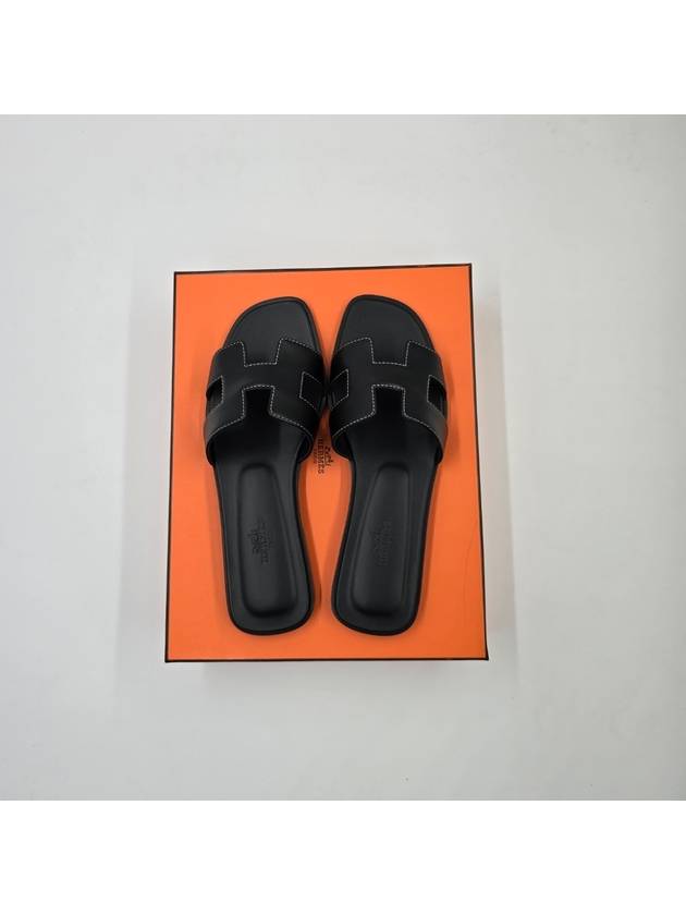 Oran Calfskin Slippers Noir Piqures Ecrues Black - HERMES - BALAAN 4