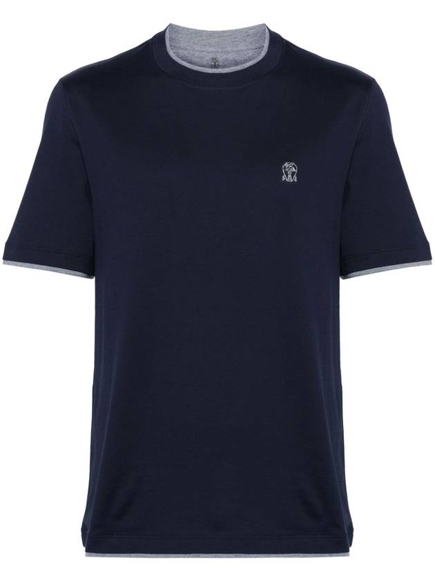 Cotton Short Sleeve T-Shirt Navy - BRUNELLO CUCINELLI - BALAAN 3