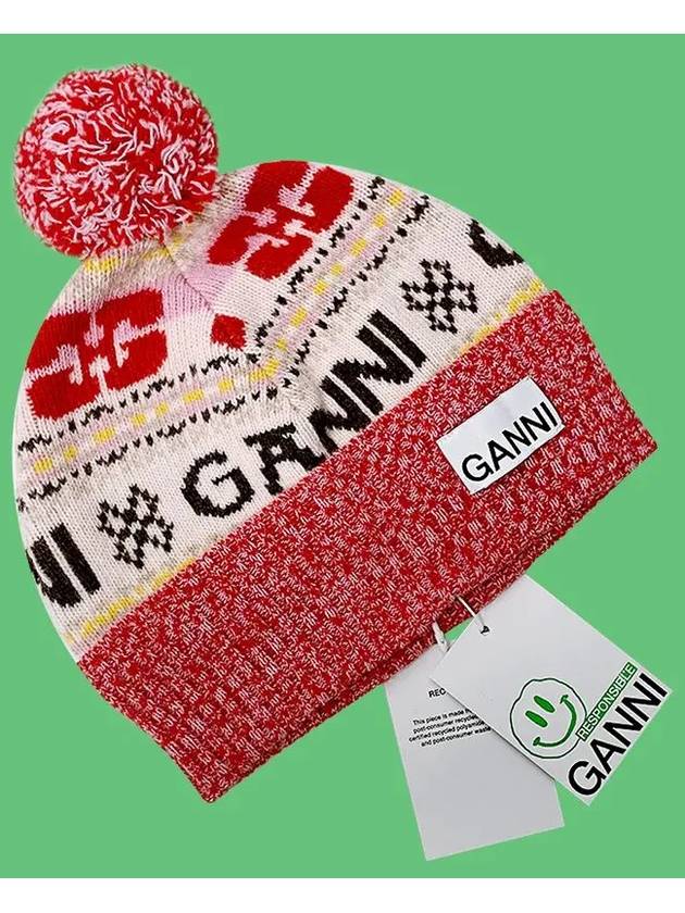 Logo Graphic Intarsia Knit Beanie Red - GANNI - BALAAN 2