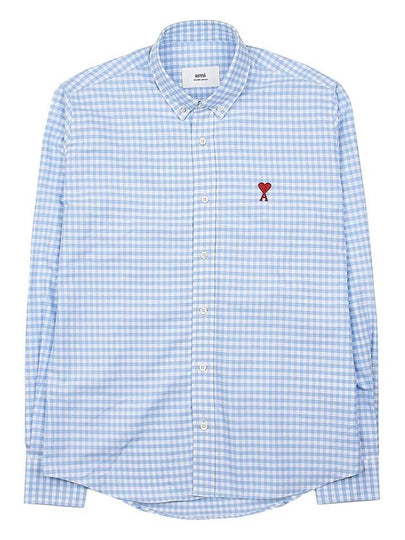 Small Heart Logo Gingham Button Long Sleeves Shirt Sky Blue - AMI - BALAAN 2