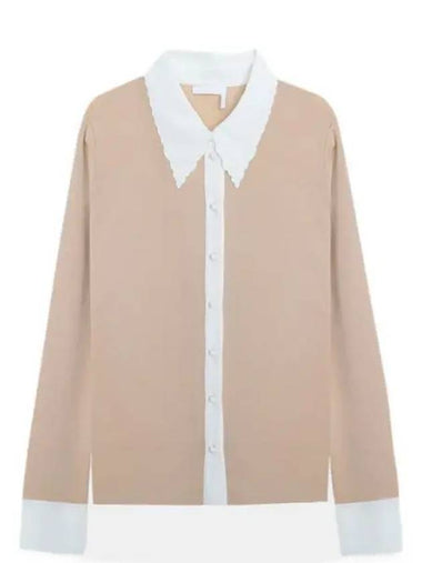 Scallop Collar Fitted Wool Cardigan Beige - CHLOE - BALAAN 1