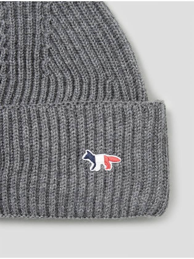 Tricolor Fox Patch Ribbed Beanie Grey - MAISON KITSUNE - BALAAN 6