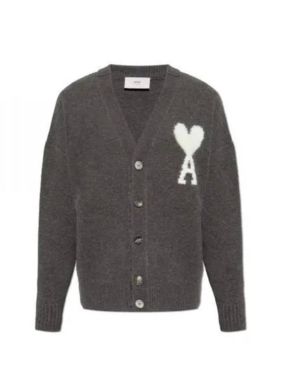 Intarsia Logo Knit Cardigan Dark Grey - AMI - BALAAN 2