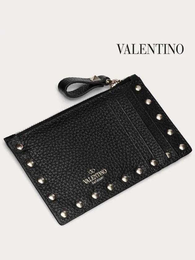 Rockstud Zipped Leather Card Wallet Black - VALENTINO - BALAAN.