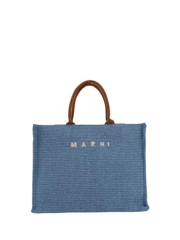 Embroidered Logo Raffia Tote Bag Light Blue - MARNI - BALAAN 1