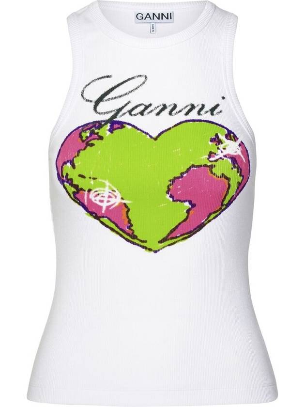 Graphic Rib Heart Tank Cotton Sleeveless White - GANNI - BALAAN 2