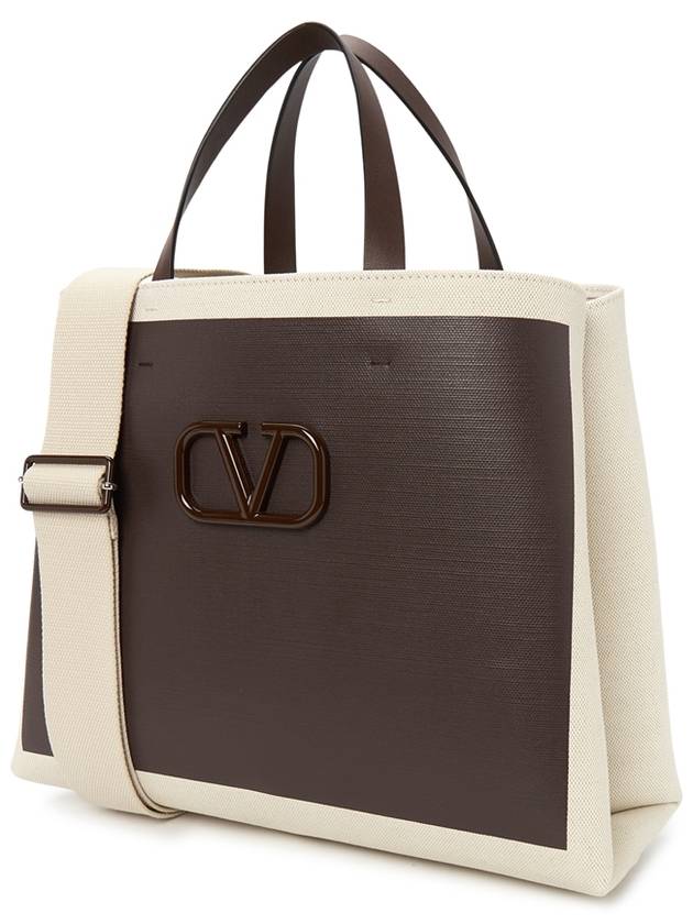 Signature V Logo Canvas Leather Tote Bag Brown - VALENTINO - BALAAN 3