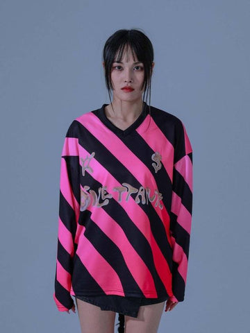 Stripe Football Jersrey Long Sleeve T Shirt Pink - DILETTANTISME - BALAAN 1