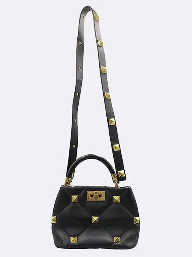 XW2B0I97BSF Black Leather Roman Gold Studded Top Handle S Size Tote Bag Shoulder Strap - VALENTINO - BALAAN 4