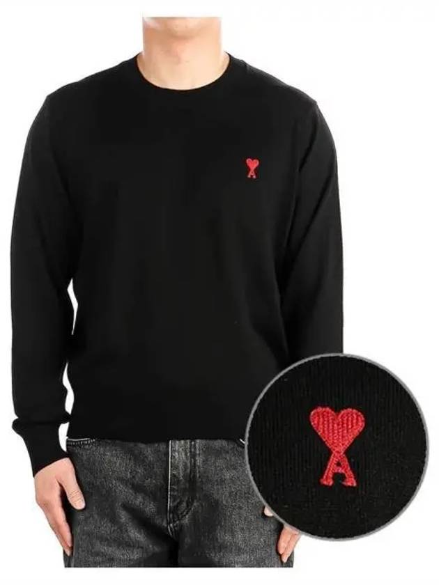 Heart Embroidered Logo Crew Neck Knit Top Black - AMI - BALAAN 2