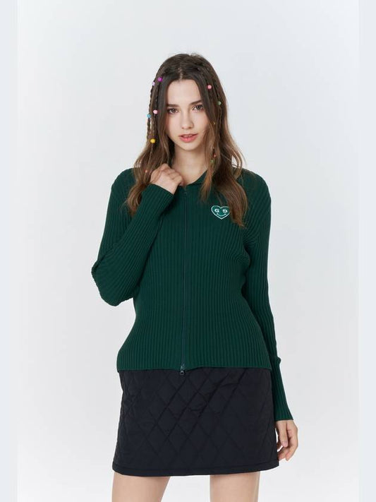 Green heart ribbed knit zip-up deep green - GOXO - BALAAN 1