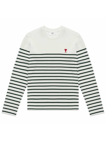 Heart Logo Stripe Long Sleeve T-Shirt White Green - AMI - BALAAN 1