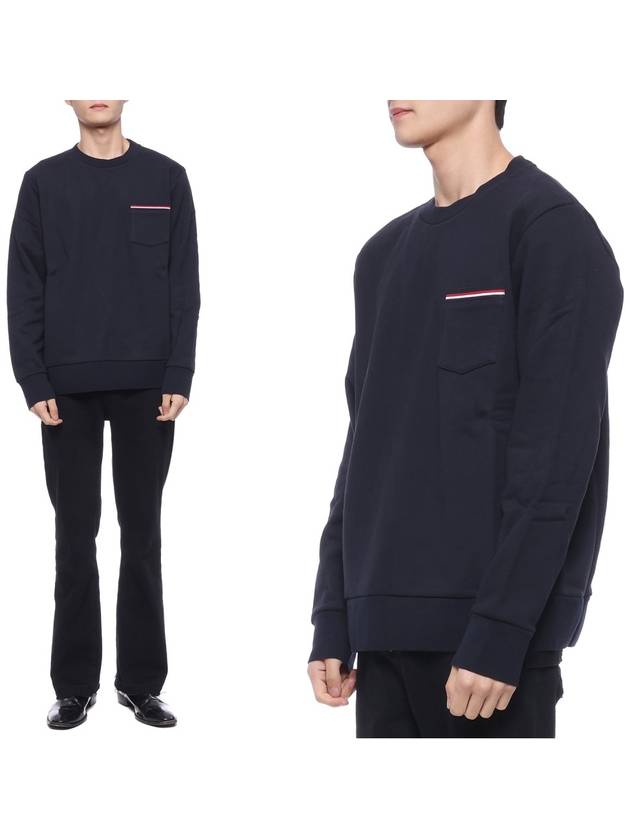 Men's Three-Stripe Tab Pocket Loopback Crew Neck Sweatshirt Navy - THOM BROWNE - BALAAN 3