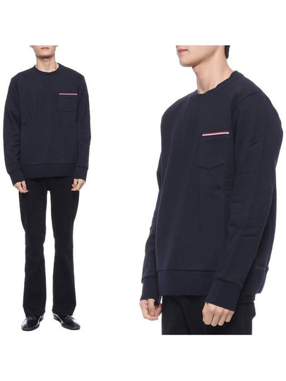 Men's Three-Stripe Tab Pocket Loopback Crew Neck Sweatshirt Navy - THOM BROWNE - BALAAN 2