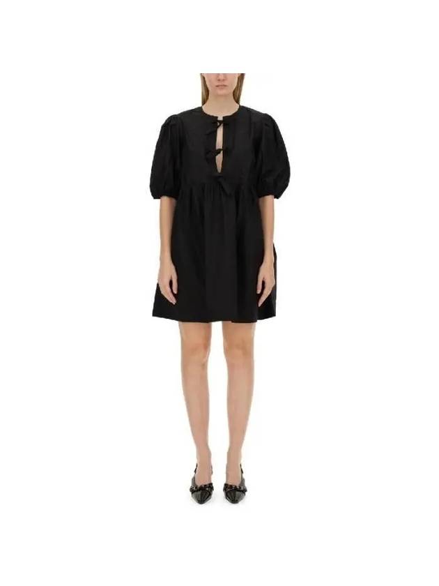 Poplin Tie String Cotton Short Dress Black - GANNI - BALAAN 2