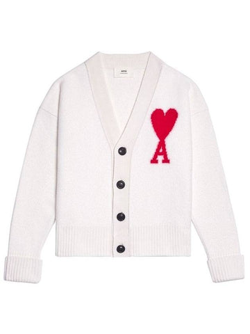 Big Heart Logo Oversized Intarsia Cardigan White - AMI - BALAAN 1