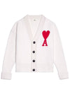 Intarsia Big Heart Logo Oversized Virgin Wool Cardigan White - AMI - BALAAN 1