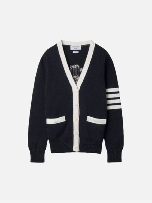 Cotton Jersey Flower 4 Bar V Neck Cardigan Navy - THOM BROWNE - BALAAN 2