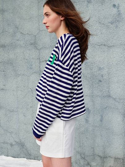 Drop Shoulder Striped Loose Fit Long Sleeve T-Shirt Blue - SORRY TOO MUCH LOVE - BALAAN 2