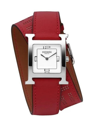 H Heure Medium Leather Watch Vermillion Silver White - HERMES - BALAAN 1