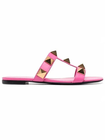 Women's Leather Roman Studded Flat Slippers Pink - VALENTINO - BALAAN 1