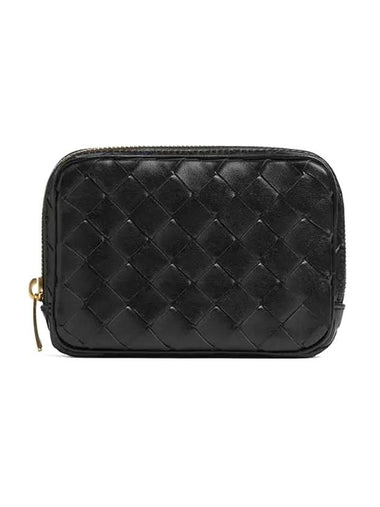 Teen Intrecciato Zipper Calfskin Pouch Black - BOTTEGA VENETA - BALAAN 1