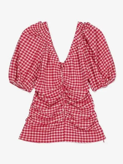 Check Print V-Neck Blouse Red - GANNI - BALAAN 2