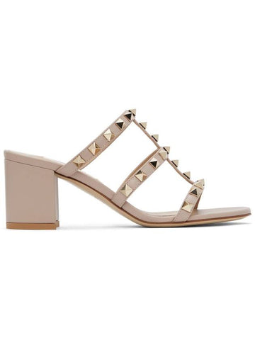 Women's Rockstud Leather Sandal Heels Powder Pink - VALENTINO - BALAAN 1